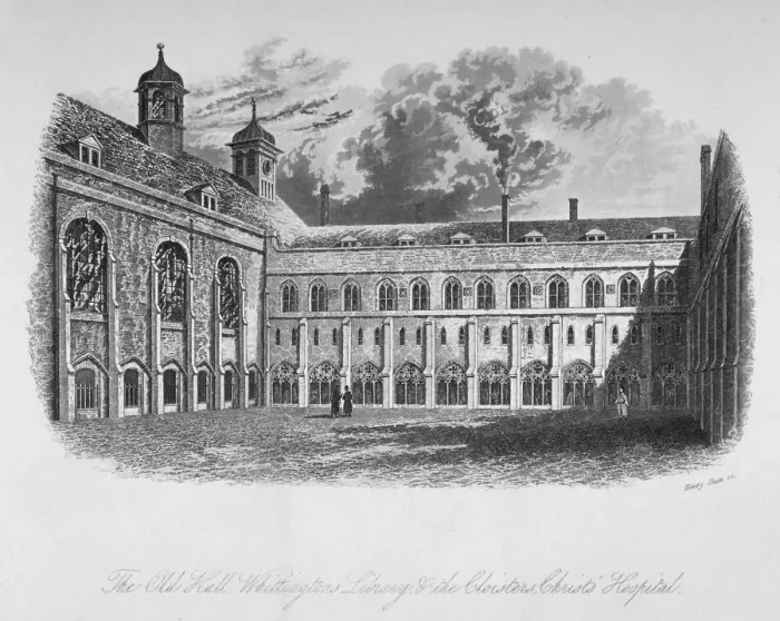 Framed Print : The Old Hall, Whittingtons Library and the cloisters, Christs Hospital, City of London, 1825 Framed Print : The Old Hall, Whittingtons Library and the cloisters, Christs Hospital, City of London, 1825