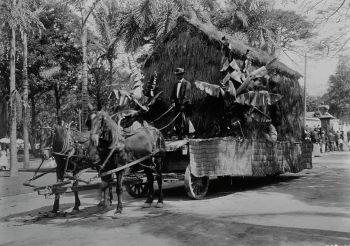 Framed Print : An old Hawaiian dwelling - float in Floral Parade, Honolulu, 1910. Creator: Bain News Service Framed Print : An old Hawaiian dwelling - float in Floral Parade, Honolulu, 1910. Creator: Bain News Service