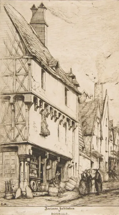 Framed Print : An Old House, or The Musicians House, Bourges, 1860. Creator: Charles Meryon Framed Print : An Old House, or The Musicians House, Bourges, 1860. Creator: Charles Meryon