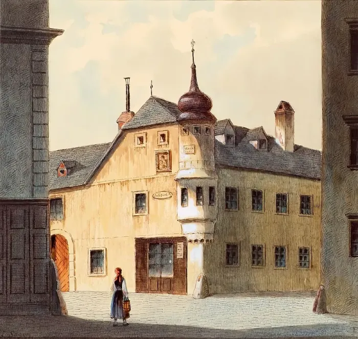 Framed Print : The old house at the new building in Vienna, undated. Creator: Franz Sager Framed Print : The old house at the new building in Vienna, undated. Creator: Franz Sager