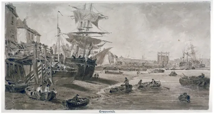 Framed Print : Old houses and boats on the riverbank at low tide, Greenwich, London, c1823 Framed Print : Old houses and boats on the riverbank at low tide, Greenwich, London, c1823