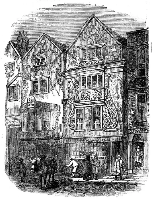 Framed Print : Old Houses, Moorfields, 1858. Creator: Unknown Framed Print : Old Houses, Moorfields, 1858. Creator: Unknown