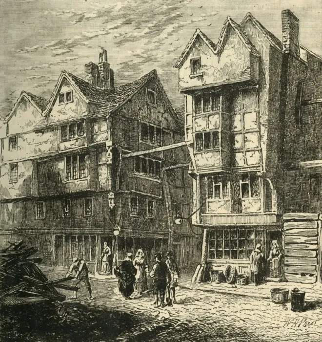 Framed Print : Old Houses Formerly Standing in Butchers Row, about 1800, (1881). Creator: Unknown Framed Print : Old Houses Formerly Standing in Butchers Row, about 1800, (1881). Creator: Unknown