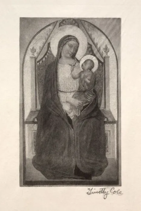 Framed Print : Old Italian Masters: Madonna Enthroned with Child Holding Bird, 1885. Creator: Timothy Cole Framed Print : Old Italian Masters: Madonna Enthroned with Child Holding Bird, 1885. Creator: Timothy Cole