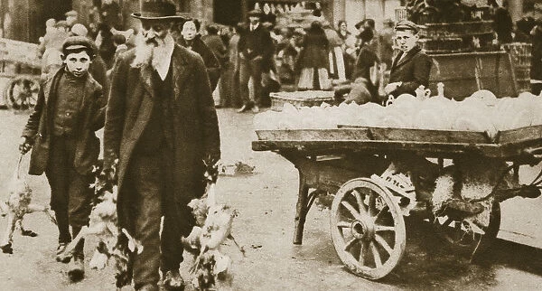 Old Jewish man and his grandson carrying some fowls, Wentworth Street, Stepney, 20th century