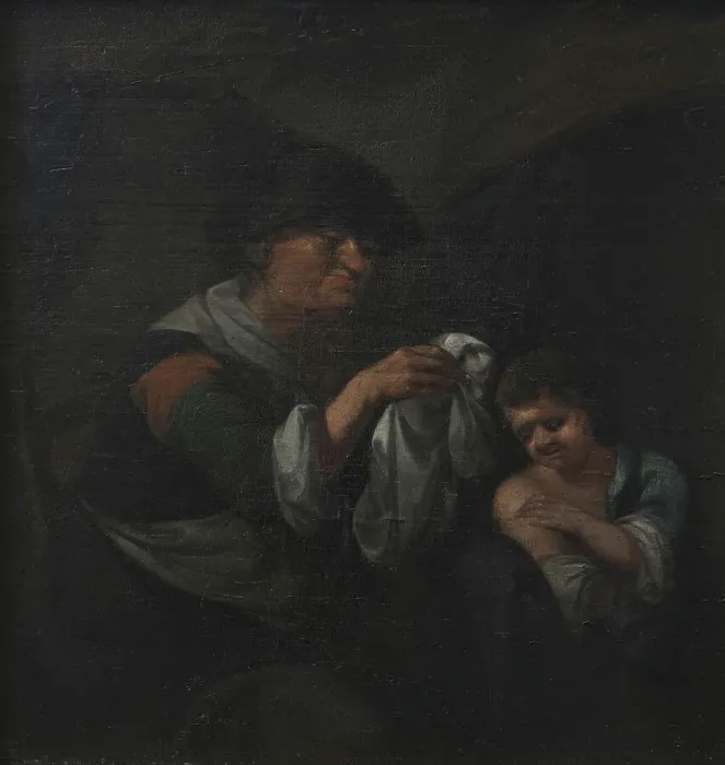 Framed Print : Old Lady Inspecting a Boy's Linen, 1748-1800. Creator: Unknown Framed Print : Old Lady Inspecting a Boy's Linen, 1748-1800. Creator: Unknown