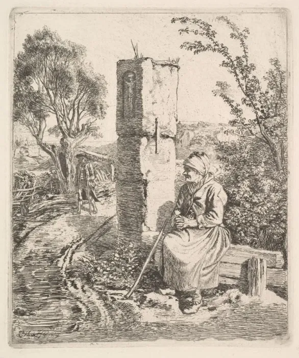 Framed Print : An Old Lady Sitting Near a Pillar at Side of Road, 1819. Creator: Johann Christian Erhard