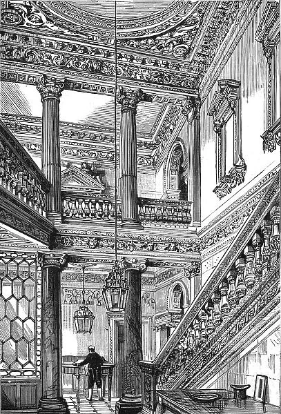 An old London Mansion - Cowfields, 30 Old Burlington Street, Entrance Hall and Staircase, 1886. Creator: Unknown