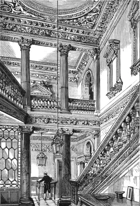 Framed Print : An old London Mansion - Cowfields, 30 Old Burlington Street, Entrance Hall and Staircase, 1886. Creator: Unknown Framed Print : An old London Mansion - Cowfields, 30 Old Burlington Street, Entrance Hall and Staircase, 1886. Creator: Unknown