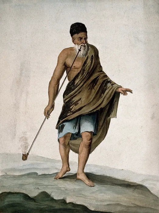Framed Print : An old man in cloak and turban smoking a long pipe (chibouk), 1800-1899. Creator: Unknown