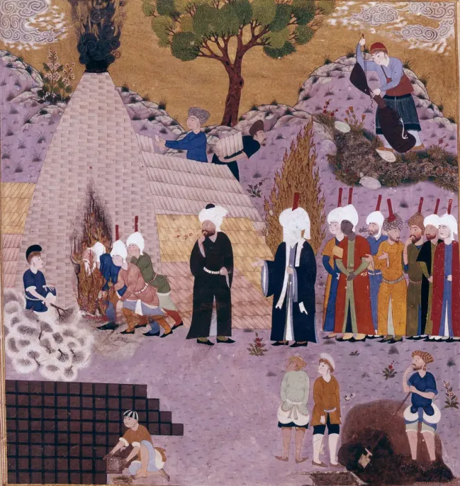 Framed Print : An old man faithful to Imam Ali jumps over fire, 16th century Framed Print : An old man faithful to Imam Ali jumps over fire, 16th century