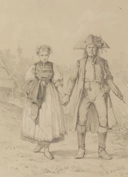 Framed Print : Old Man and Girl in Peasant Costume, 1857. Creator: Benjamin Vautier Framed Print : Old Man and Girl in Peasant Costume, 1857. Creator: Benjamin Vautier