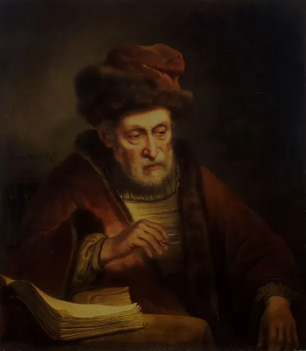 Framed Print : Old Man holding a Pair of Spectacles. Artist: Pluym, Karel van der (1625-1672) Framed Print : Old Man holding a Pair of Spectacles. Artist: Pluym, Karel van der (1625-1672)