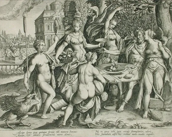 Framed Print : An Old Man Indulging in Five Senses, c1600. Creator: Adriaen Collaert Framed Print : An Old Man Indulging in Five Senses, c1600. Creator: Adriaen Collaert