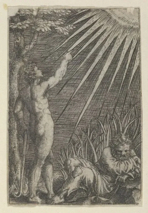 Framed Print : An old man reclining on the ground at right; at left a naked younger man standing p... ca. 1510-27. Creator: Marcantonio Raimondi Framed Print : An old man reclining on the ground at right; at left a naked younger man standing p... ca. 1510-27. Creator: Marcantonio Raimondi