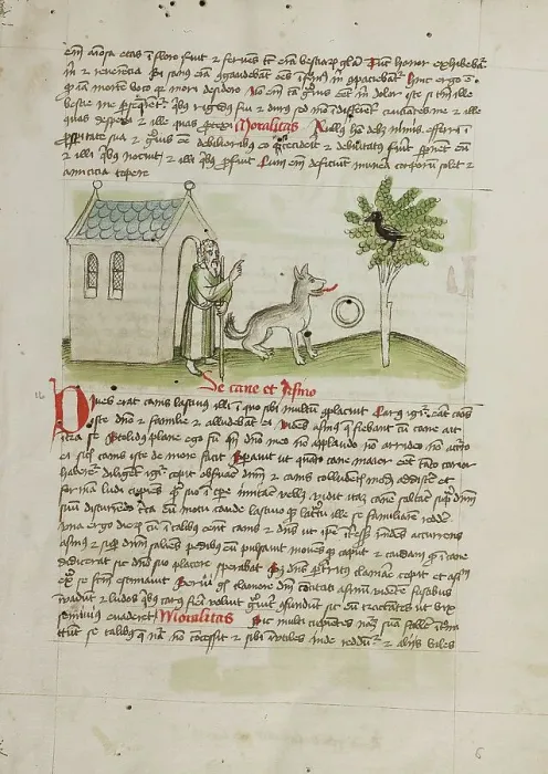 Framed Print : An Old Man Speaking to a Fox and a Magpie Sitting in a Tree; Fables, third quarter of 15th century. Creator: Unknown Framed Print : An Old Man Speaking to a Fox and a Magpie Sitting in a Tree; Fables, third quarter of 15th century. Creator: Unknown