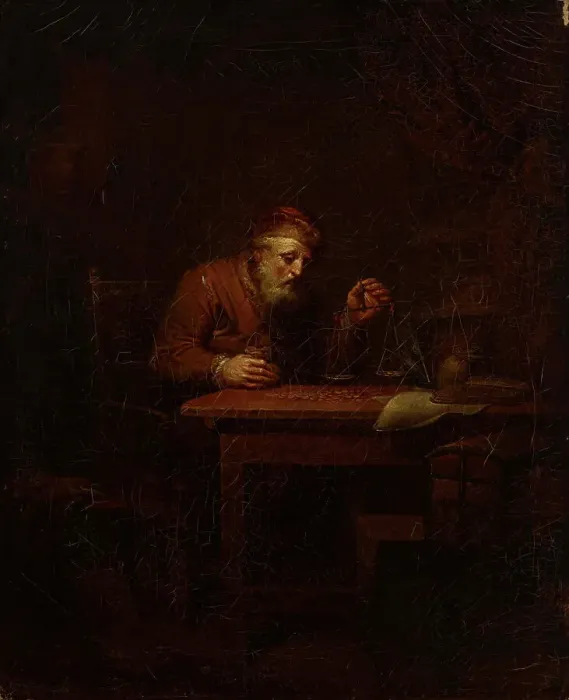 Framed Print : Old man weighing gold coins, 1810. Creator: Alexander Lauréus Framed Print : Old man weighing gold coins, 1810. Creator: Alexander Lauréus