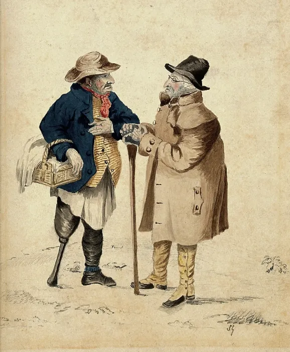 Framed Print : Two old men in conversation: the man on the left holding a basket has a wooden leg, the... Creator: Unknown Framed Print : Two old men in conversation: the man on the left holding a basket has a wooden leg, the... Creator: Unknown