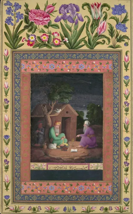 Framed Print : Two Old Men in Discussion Outside a Hut, Folio from the Davis Album, A. H. 1085  /  A. D. 1674-75