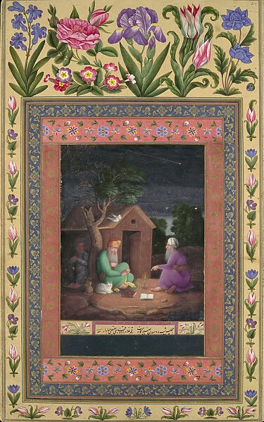 Two Old Men in Discussion Outside a Hut, Folio from the Davis Album, A. H. 1085  /  A. D. 1674-75