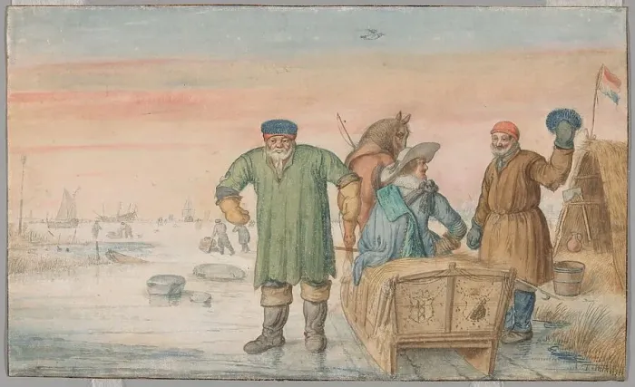 Framed Print : Two Old Men beside a Sled Bearing the Coats of Arms of Amsterdam and Utrecht, 1620 / 33. Creator: Hendrick Avercamp Framed Print : Two Old Men beside a Sled Bearing the Coats of Arms of Amsterdam and Utrecht, 1620 / 33. Creator: Hendrick Avercamp