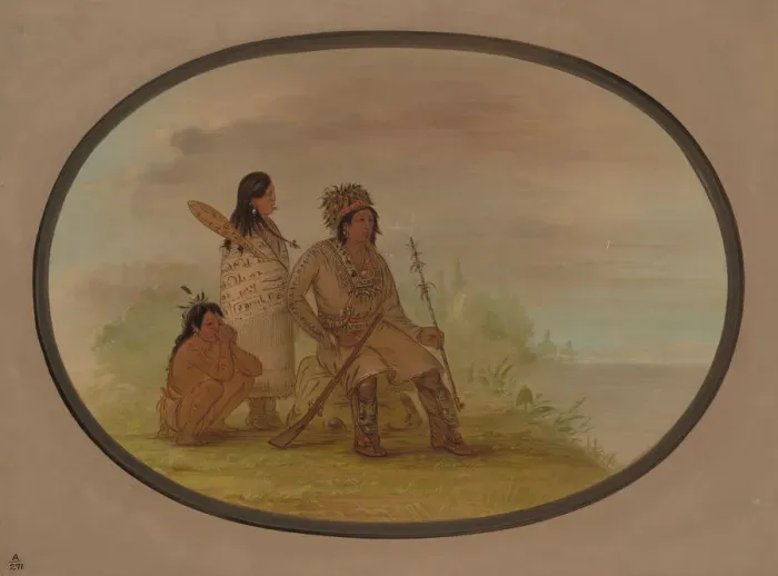 Framed Print : An Old Nayas Indian, His Granddaughter, and a Boy, 1855 / 1869. Creator: George Catlin Framed Print : An Old Nayas Indian, His Granddaughter, and a Boy, 1855 / 1869. Creator: George Catlin