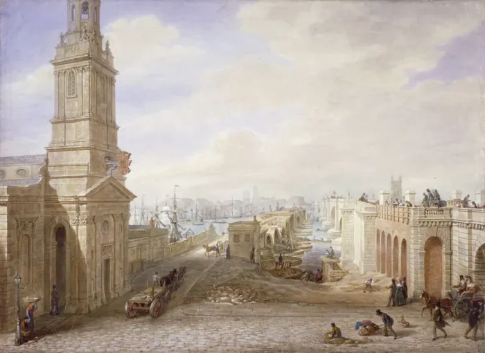 Framed Print : Old and new London Bridges looking south, London, 1831. Artist Framed Print : Old and new London Bridges looking south, London, 1831. Artist