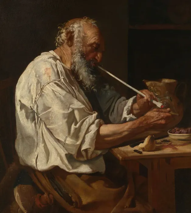 Framed Print : Old Peasant Lighting a Pipe, c. 1660. Creator: Johann Carl Loth Framed Print : Old Peasant Lighting a Pipe, c. 1660. Creator: Johann Carl Loth