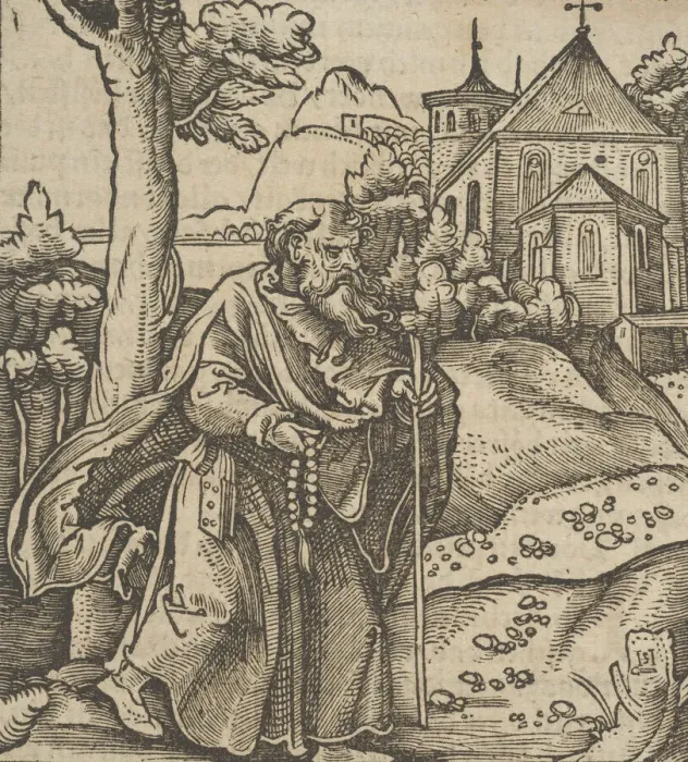 Framed Print : An Old Pilgrim Walking to the Right, from Hymmelwagen auff dem, wer wol lebt... 1517 Framed Print : An Old Pilgrim Walking to the Right, from Hymmelwagen auff dem, wer wol lebt... 1517