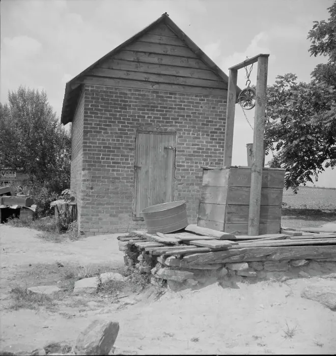 Framed Print : Well and old plantation smokehouse, Chesnee, South Carolina, 1937. Creator: Dorothea Lange Framed Print : Well and old plantation smokehouse, Chesnee, South Carolina, 1937. Creator: Dorothea Lange