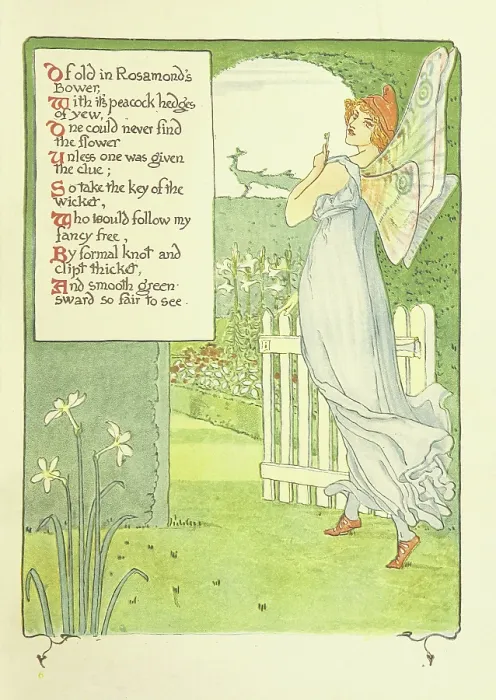 Framed Print : Of old in Rosamond's Bower...1899. Creator: Walter Crane. Of old in Rosamond's Bower...1899. Creator: Walter Crane Framed Print : Of old in Rosamond's Bower...1899. Creator: Walter Crane. Of old in Rosamond's Bower...1899. Creator: Walter Crane