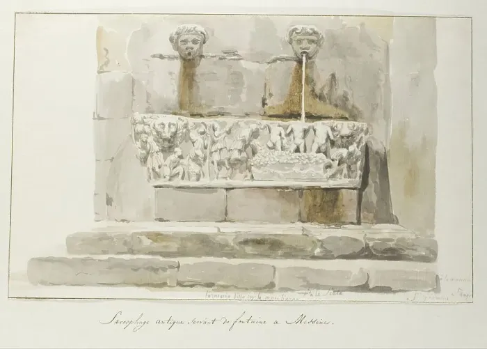 Framed Print : Old sarcophagus used as a fountain in Messina, 1778. Creator: Louis Ducros Framed Print : Old sarcophagus used as a fountain in Messina, 1778. Creator: Louis Ducros