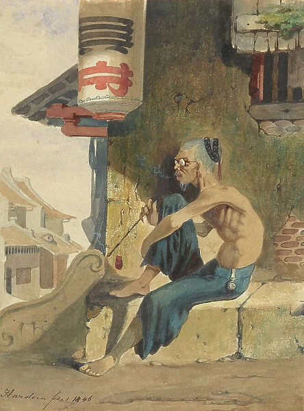 Old, skinny Chinese (opium smoker?) sitting on a sidewalk in Batavia, 1846. Creator: Ernest Alfred Hardouin