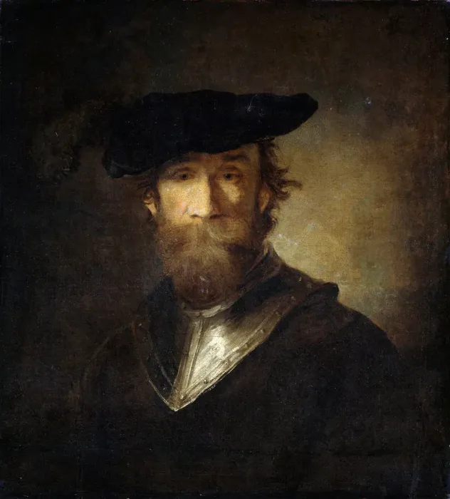 Framed Print : An Old Soldier in a Black Beret, 17th century Framed Print : An Old Soldier in a Black Beret, 17th century