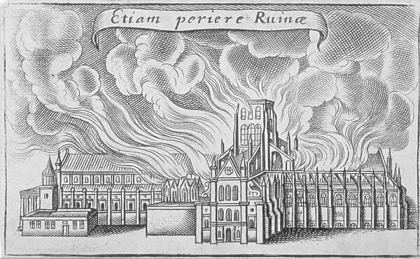Old St Pauls Cathedral burning in the Great Fire of London, 1666