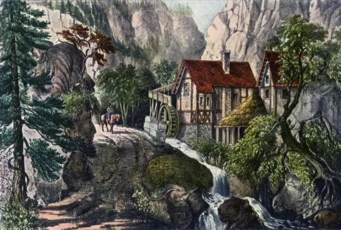 Framed Print : Old Swiss Mill, 1872. Artist: Currier and Ives Framed Print : Old Swiss Mill, 1872. Artist: Currier and Ives