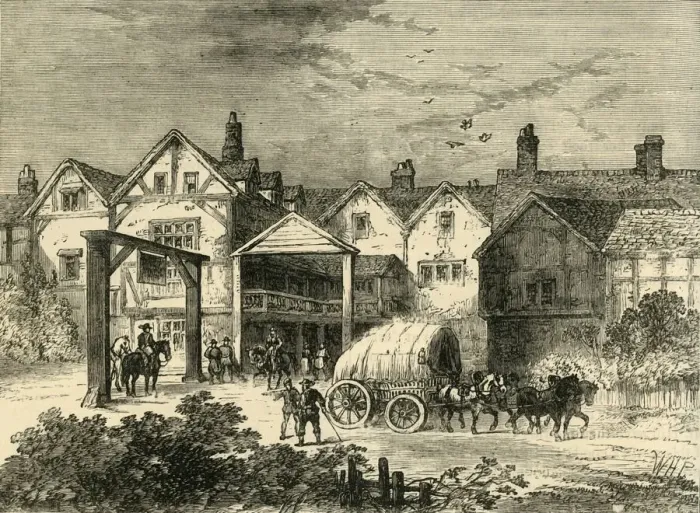 Framed Print : The Old Tabard Inn, in the Seventeenth Century, (c1878). Creator: Unknown Framed Print : The Old Tabard Inn, in the Seventeenth Century, (c1878). Creator: Unknown