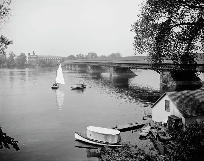 Framed Print : Old toll bridge and river, Springfield, Mass. between 1900 and 1910. Creator: Unknown Framed Print : Old toll bridge and river, Springfield, Mass. between 1900 and 1910. Creator: Unknown