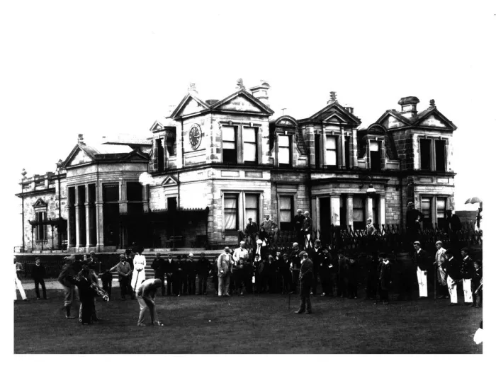Framed Print : Old Tom Morris outside the Old Course Clubhouse at St Andrews in Scotland, c1900