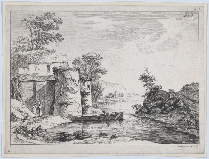 Framed Print : Old Towers on a River Bank, 1763. Creator: Jean-Jacques de Boissieu Framed Print : Old Towers on a River Bank, 1763. Creator: Jean-Jacques de Boissieu