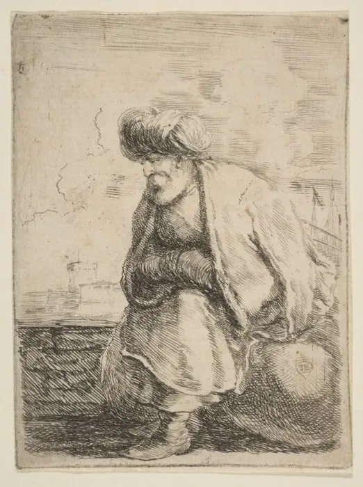 Framed Print : An Old Turk Seated on a Stone, ca. 1662. Creator: Stefano della Bella Framed Print : An Old Turk Seated on a Stone, ca. 1662. Creator: Stefano della Bella