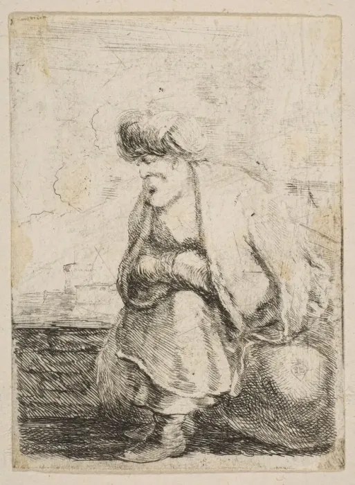 Framed Print : An Old Turk Seated on a Stone, ca. 1662. Creator: Stefano della Bella Framed Print : An Old Turk Seated on a Stone, ca. 1662. Creator: Stefano della Bella