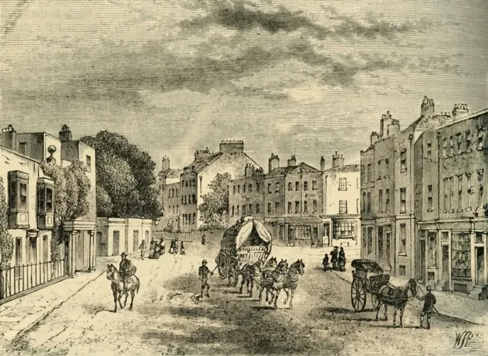Framed Print : The Old village of Vauxhall, with Entrance to the Gardens, in 1825, (c1878). Creator: Unknown Framed Print : The Old village of Vauxhall, with Entrance to the Gardens, in 1825, (c1878). Creator: Unknown