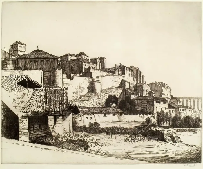 Framed Print : Old Walls And Roman Viaduct, Segovia, c1913. Creator: William Strang Framed Print : Old Walls And Roman Viaduct, Segovia, c1913. Creator: William Strang