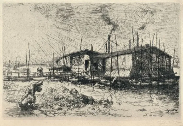 Framed Print : Old Washing-boats at Grenelle, 1915. Artist: Auguste Lepere Framed Print : Old Washing-boats at Grenelle, 1915. Artist: Auguste Lepere