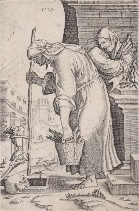 Framed Print : Old Woman Approaching the Grave, dated 1528. Creator: Agostino Veneziano Framed Print : Old Woman Approaching the Grave, dated 1528. Creator: Agostino Veneziano