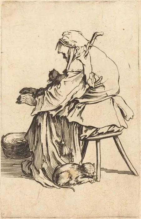Framed Print : Old Woman with Cats, c. 1622. Creator: Jacques Callot Framed Print : Old Woman with Cats, c. 1622. Creator: Jacques Callot