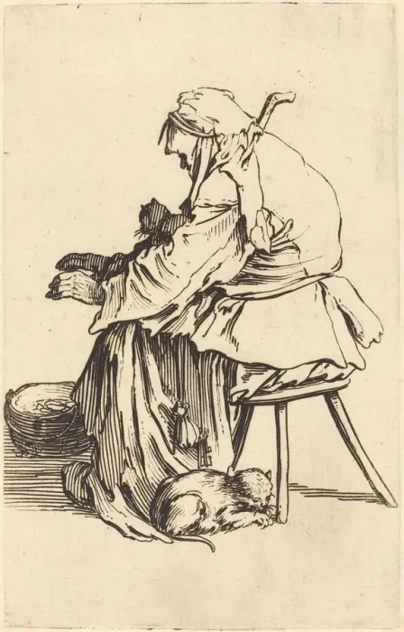 Framed Print : Old Woman with Cats, c. 1622. Creator: Jacques Callot Framed Print : Old Woman with Cats, c. 1622. Creator: Jacques Callot