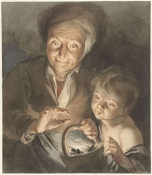 Old woman with child and chafing dish, 1734. Creator: Jacob de Wit