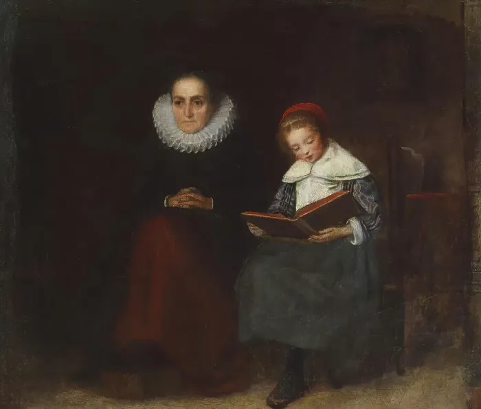 Framed Print : Old Woman and Child Reading a Book, 1840s. Creator: Richard Caton Woodville Framed Print : Old Woman and Child Reading a Book, 1840s. Creator: Richard Caton Woodville